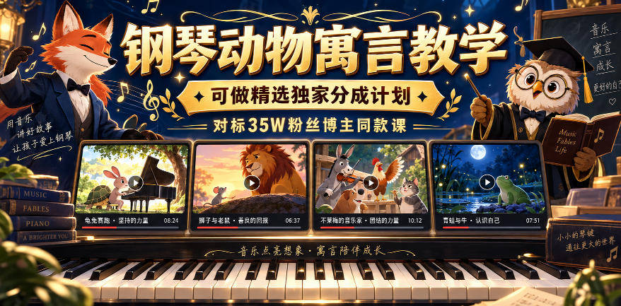 钢琴动物寓言教学，可做精选独家分成计划，对标35W粉丝博主同款课-极客网创