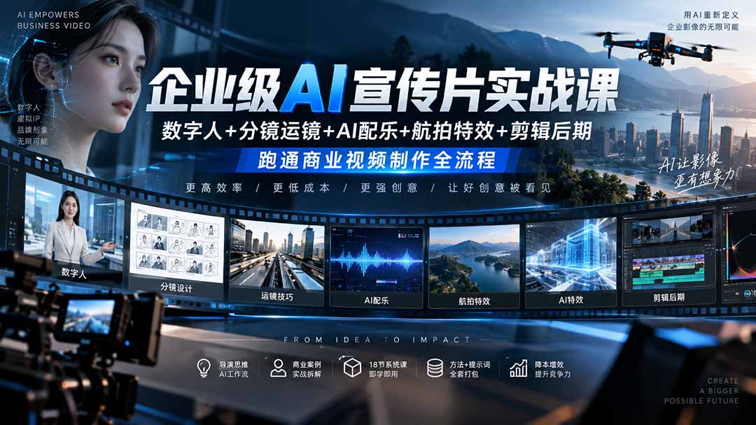 企业级AI宣传片实战课|数字人+分镜运镜+AI配乐+航拍特效+剪辑后期,跑通商业视频制作全流程-极客网创