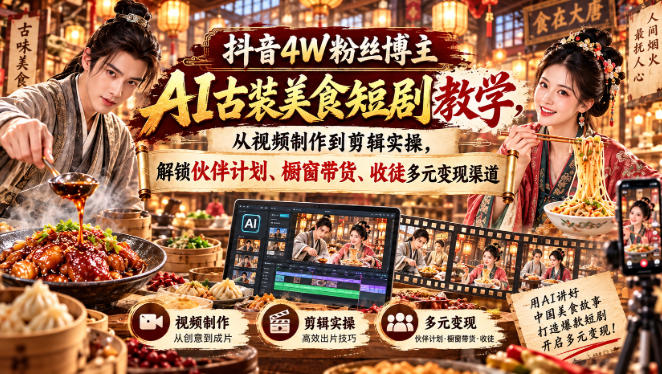 抖音4W粉丝博主AI古装美食短剧教学，从视频制作到剪辑实操，解锁伙伴计划、橱窗带货、收徒多元变现渠道-极客网创