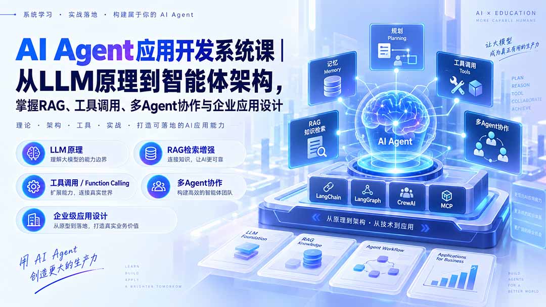 AI Agent应用开发系统课-179节｜从LLM原理到智能体架构，掌握RAG、工具调用、多Agent协作与企业应用设计-极客网创