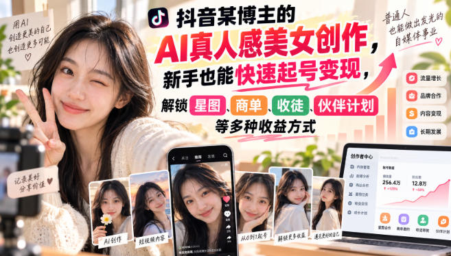 抖音某博主的AI真人感美女创作,新手也能快速起号变现,解锁星图,商单,收徒,伙伴计划等多种收益方式-极客网创