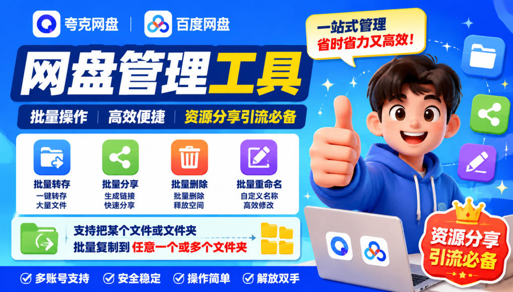 夸克网盘批量文件重命名，批量转存、批量分享、批量复制，内置AI功能-极客网创