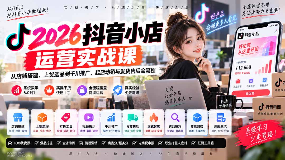 2026抖音小店运营实战课|从店铺搭建、上货选品到千川推广、起店动销与发货售后全流程-极客网创