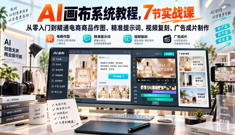 AI画布系统教程，7节实战课从零入门到精通电商商品作图、精准提示词、视频复刻、广告成片制作-极客网创
