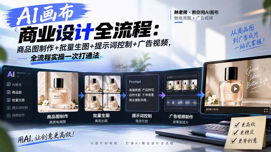 AI画布商业设计全流程:商品图制作+批量生图+提示词控制+广告视频,全流程实操一次打通法-极客网创
