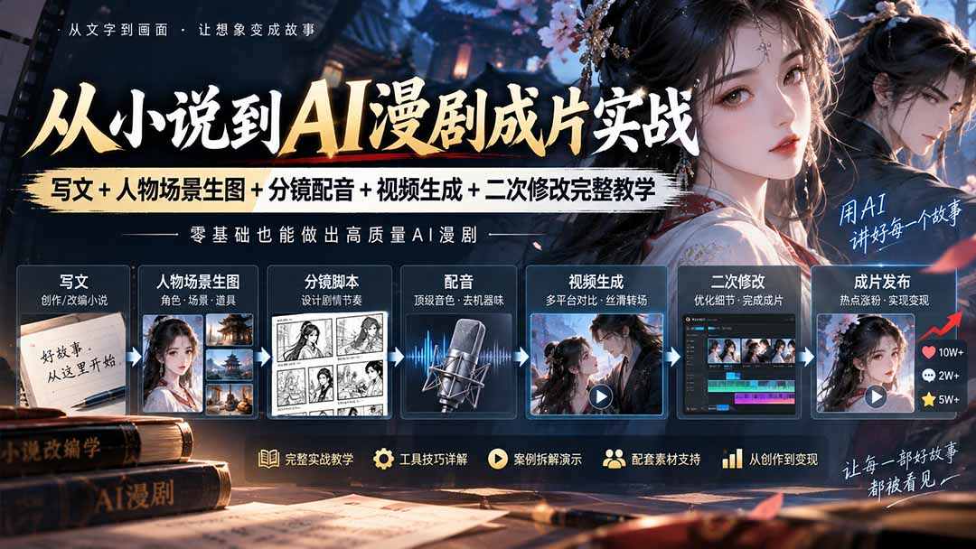 从小说到AI漫剧成片实战：写文+人物场景生图+分镜配音+视频生成+二次修改完整教学-极客网创
