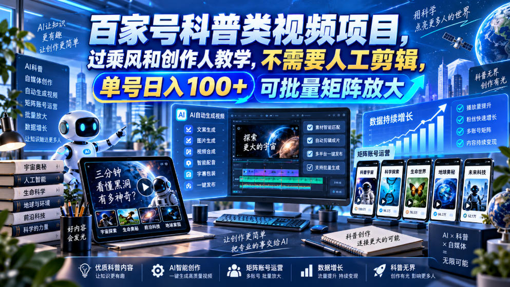 百家号科普类视频项目，过乘风和创作人教学，不需要人工剪辑，单号日入100+可批量矩阵放大-极客网创
