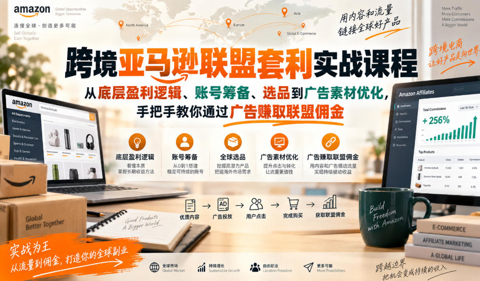 跨境亚马逊联盟套利实战课程，从底层盈利逻辑、账号筹备、选品到广告素材优化，手把手教你通过广告賺取联盟佣金-极客网创