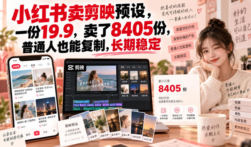 小红书卖剪映预设，一份19.9，卖了8405份，普通人也能复制，长期稳定-极客网创
