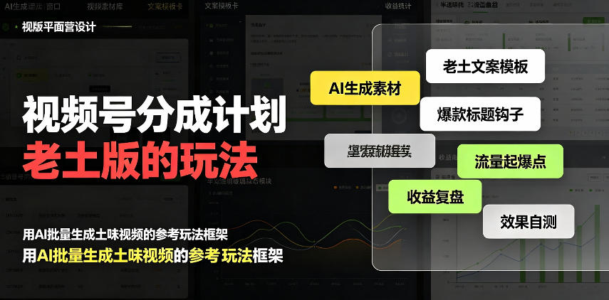 视频号分成计划老土版的玩法，流量爆炸，每天收益300+，纯靠AI生成，越土的玩法，越高级-极客网创