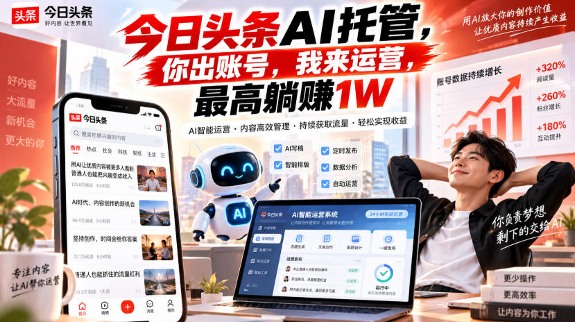 今日头条AI托管，你出账号，我来运营，最高躺賺1W【揭秘】-极客网创