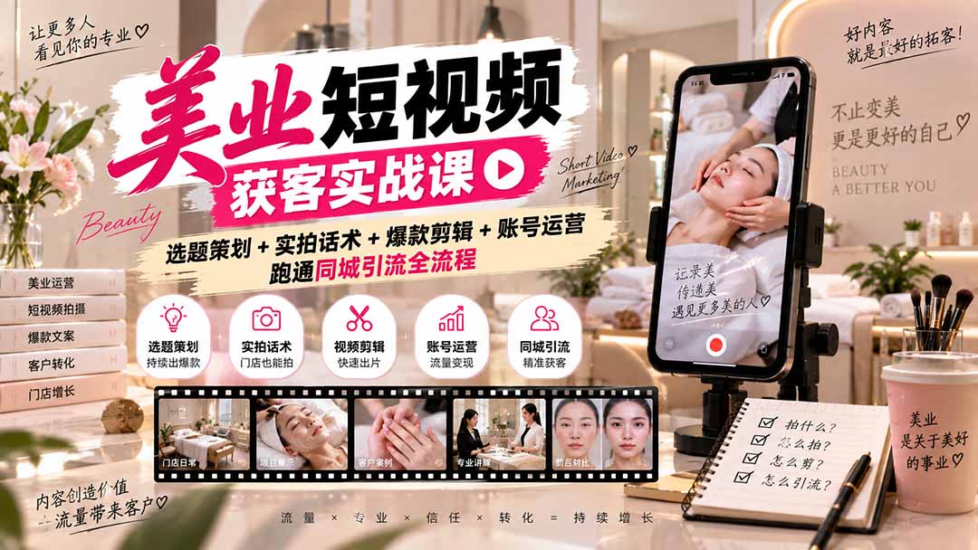 美业短视频获客实战课-无水印：选题策划+实拍话术+爆款剪辑+账号运营，跑通同城引流全流程-极客网创