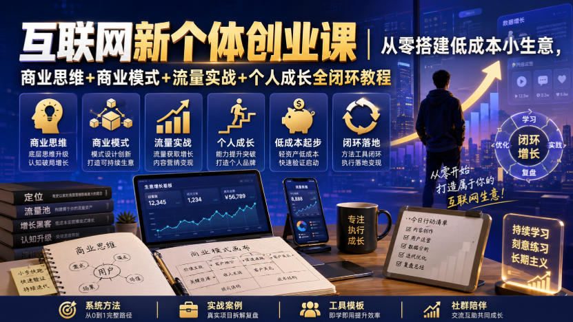 互联网新个体创业课｜从零搭建低成本小生意，商业思维+商业模式+流量实战+个人成长全闭环教程(更新0922)-极客网创