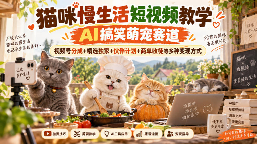 猫咪慢生活短视频教学,AI搞笑萌宠赛道,视频号分成+精选独家+伙伴计划+商单收徒等多种变现方式-极客网创