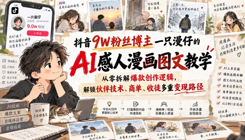 抖音9W粉丝博主一只漫仔的AI感人漫画图文教学,从零拆解爆款创作逻辑,解锁伙伴技术、商单、收徒多重变现路径-极客网创