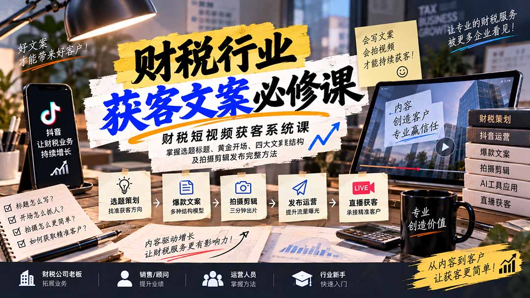 财税短视频获客系统课:掌握选题标题、黄金开场、四大文案结构及拍摄剪辑发布完整方法-极客网创
