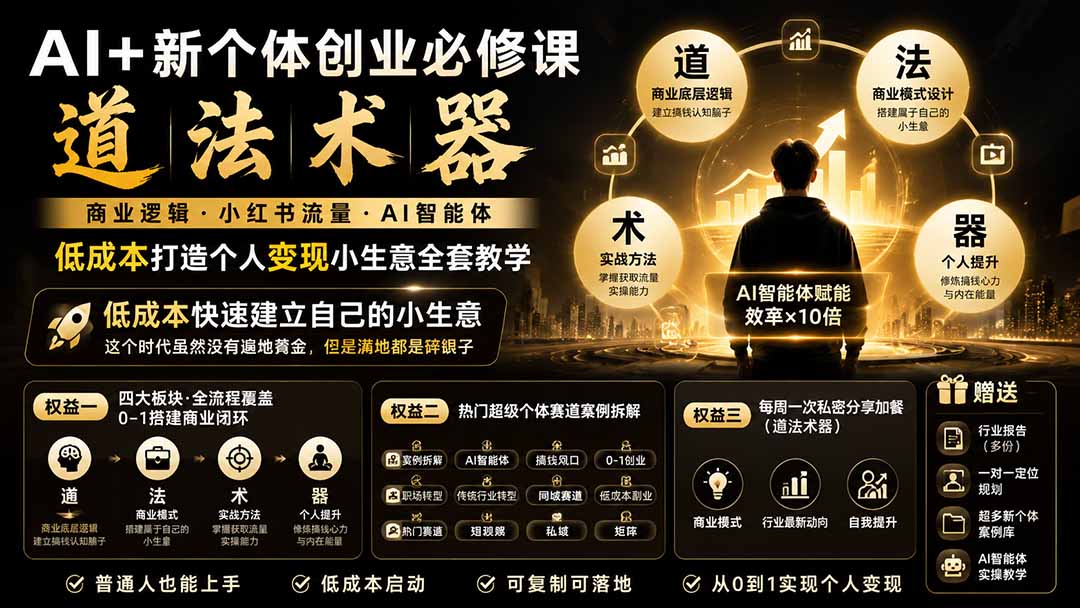 AI+新个体创业必修课-更新0922|道法术器|商业逻辑·小红书流量·AI智能体|低成本打造个人变现小生意全套教学-极客网创
