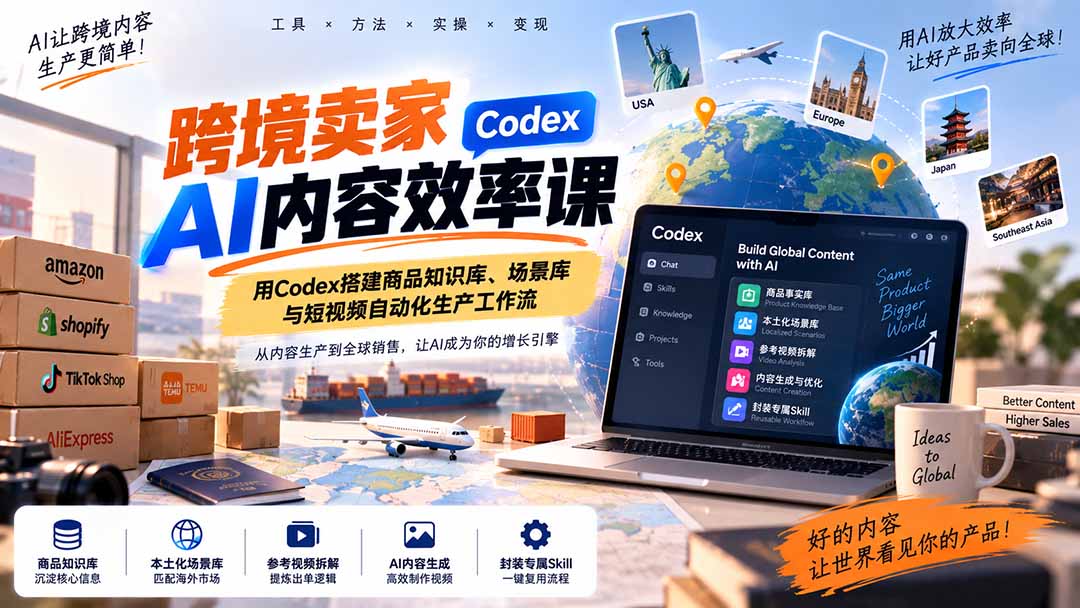 跨境卖家AI内容效率课：用Codex搭建商品知识库、场景库与短视频自动化生产工作流-极客网创