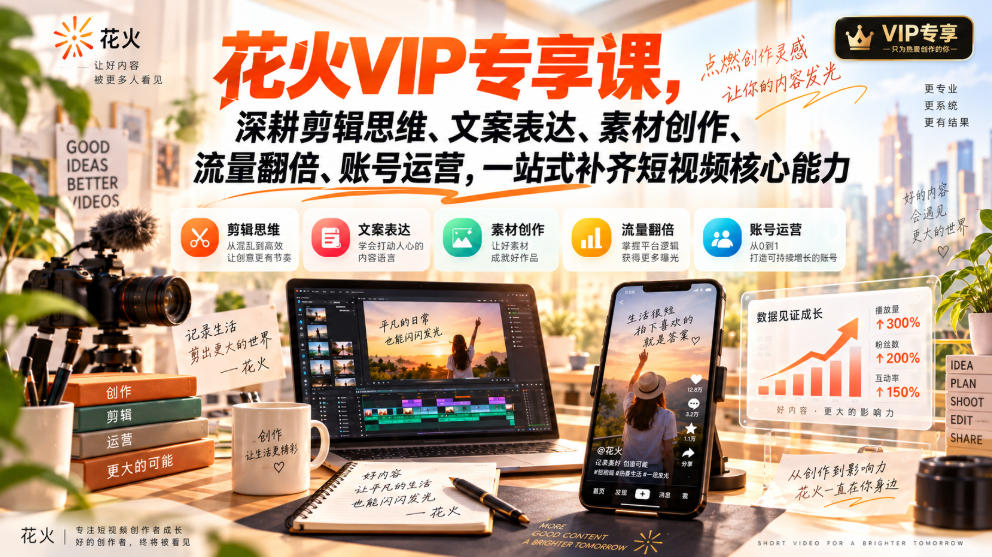 花火VIP专享课,深耕剪辑思维、文案表达、素材创作、流量翻倍、账号运营,一站式补齐短视频核心能力-极客网创