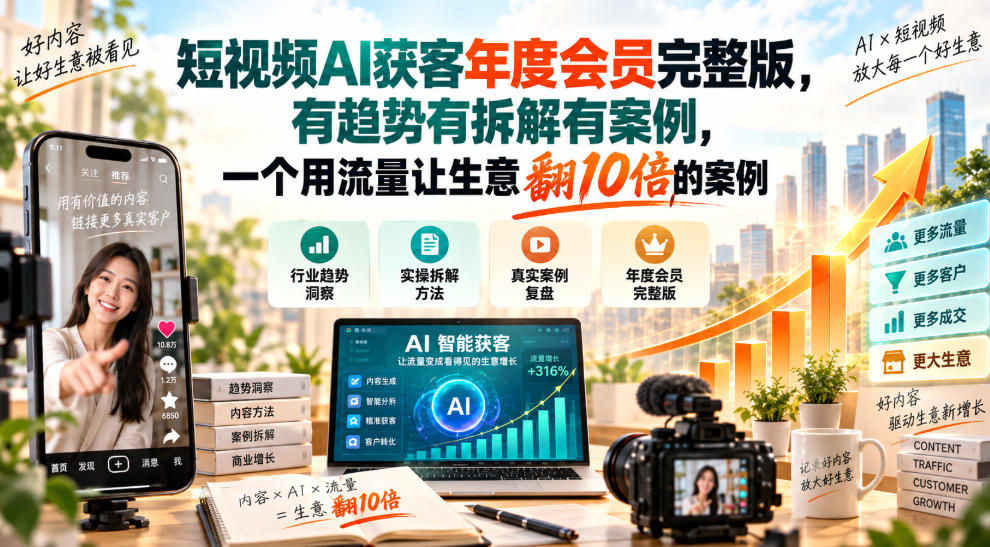 短视频AI获客年度会员完整版,有趋势有拆解有案例,一个用流量让生意翻10倍的案例-极客网创