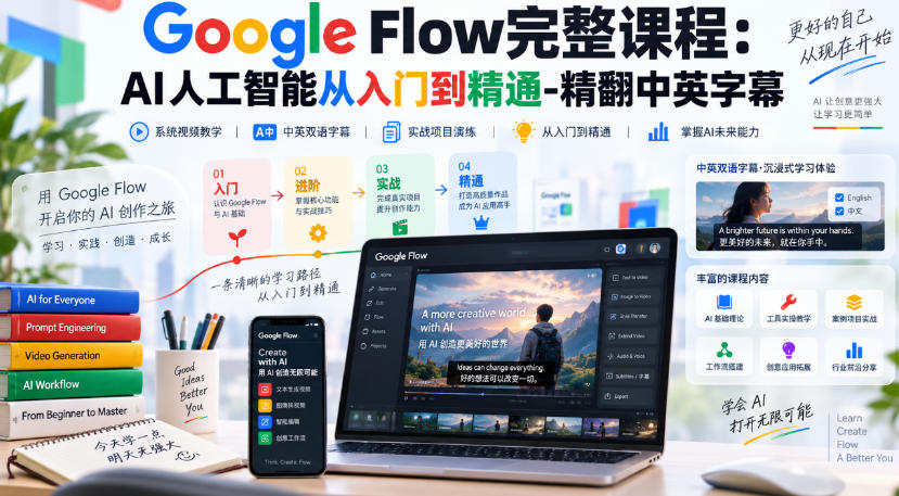 【无水印】Google Flow完整课程:AI人工智能从入门到精通-精翻中英字幕-极客网创