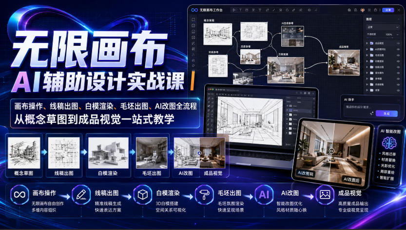 无限画布AI辅助设计实战课|画布操作、线稿出图、白模渲染、毛坯出图、AI改图全流程,从概念草图到成品视觉一站式教学(更新0923)-极客网创