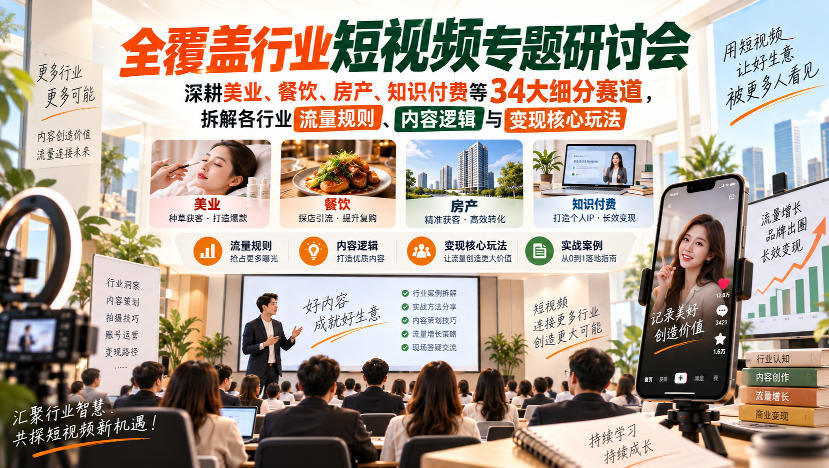 短视频专题研讨会,深耕美业、餐饮、房产、知识付费等34大细分赛道,拆解各行业流量规则、内容逻辑与变现核心玩法-极客网创