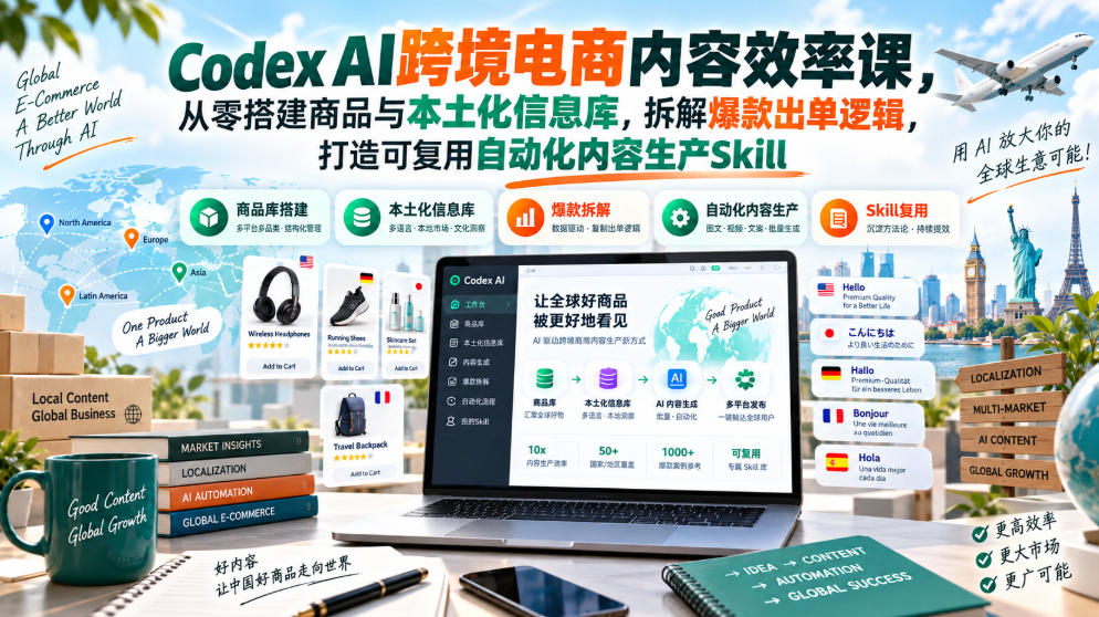 Codex AI跨境电商内容效率课，从零搭建商品与本土化信息库，拆解爆款出单逻辑，打造可复用自动化内容生产Skill-极客网创
