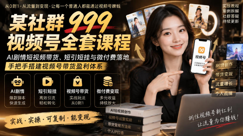 某社群999视频号全套课程,AI剧情短视频带货、短引短挂与微付费落地,手把手搭建视频号带货盈利体系-极客网创