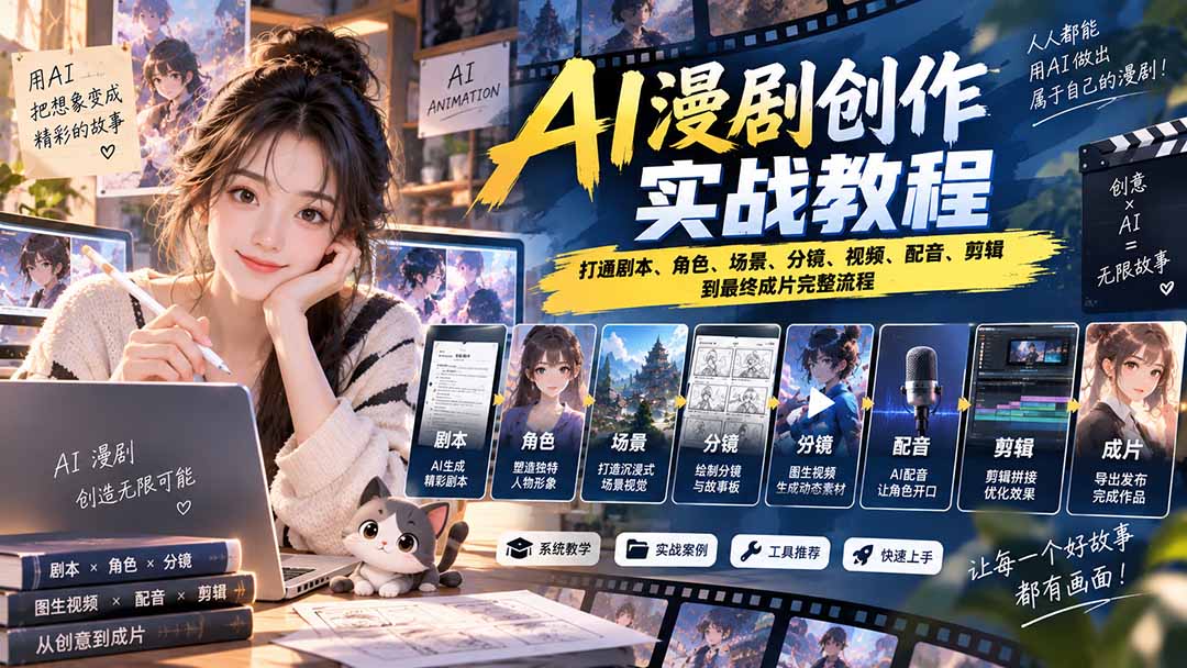 2026 AI漫剧创作实战教程：打通剧本、角色、场景、分镜、视频、配音、剪辑到最终成片完整流程-极客网创