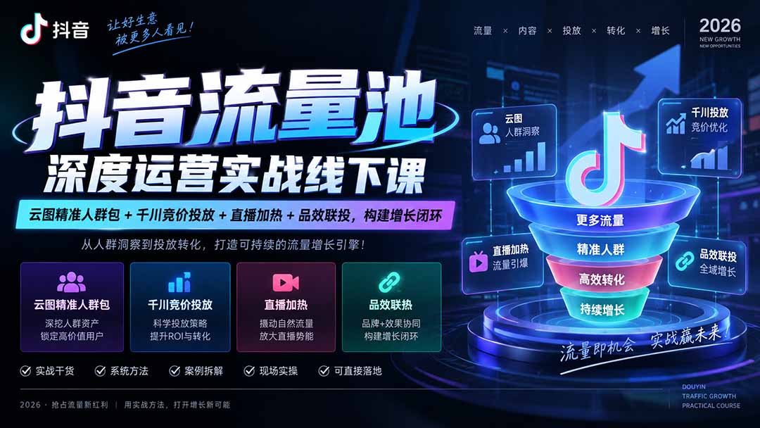 抖音流量池深度运营实战线下课｜云图精准人群包+千川竞价投放+直播加热+品效联投，构建增长闭环-极客网创