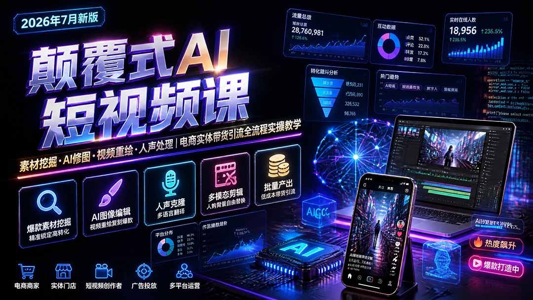 颠覆式AI短视频课-更新｜素材挖掘，AI修图，视频重绘，人声处理｜电商实体带货引流全流程实操教学-极客网创