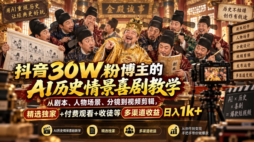 抖音30W粉博主的AI历史情景喜剧教学，从剧本、人物场景、分镜到视频剪辑，精选独家+付费观看+收徒等多渠道收益日入1k+-极客网创