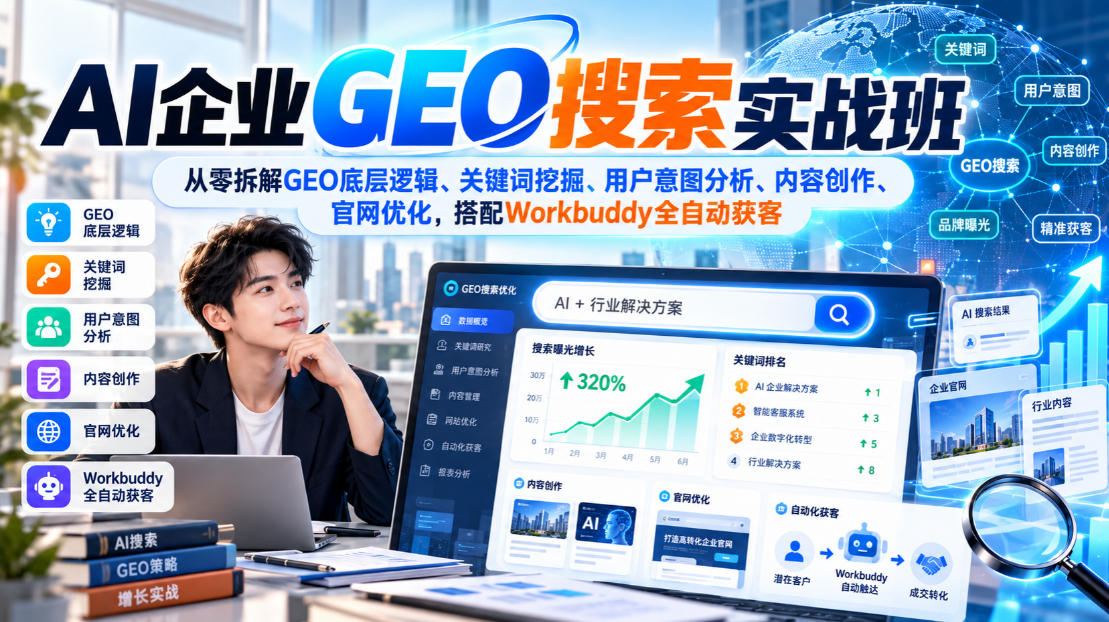 AI企业GEO搜索实战班，从零拆解GEO底层逻辑、关键词挖掘、用户意图分析、内容创作、官网优化，搭配Workbuddy全自动获客-极客网创