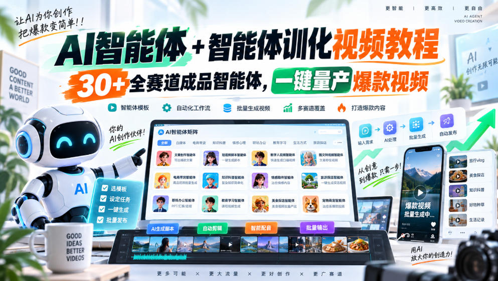 【无水印】AI智能体+智能体训化视频教程，30+全赛道成品智能体，一键量产爆款视频【更新】-极客网创