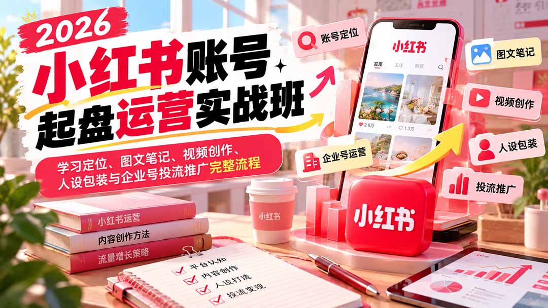 2026小红书账号起盘运营实战班：学习定位、图文笔记、视频创作、人设包装与企业号投流推广完整流程-极客网创