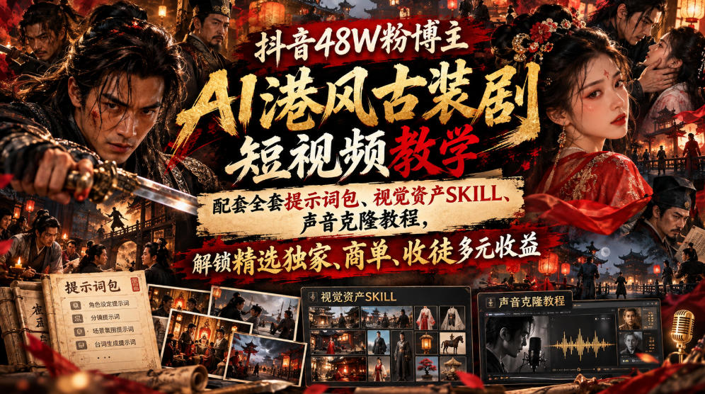 抖音48W粉博主AI港风古装剧短视频教学，配套全套提示词包、视觉资产SKILL、声音克隆教程，解锁精选独家、商单、收徒多元收益-极客网创