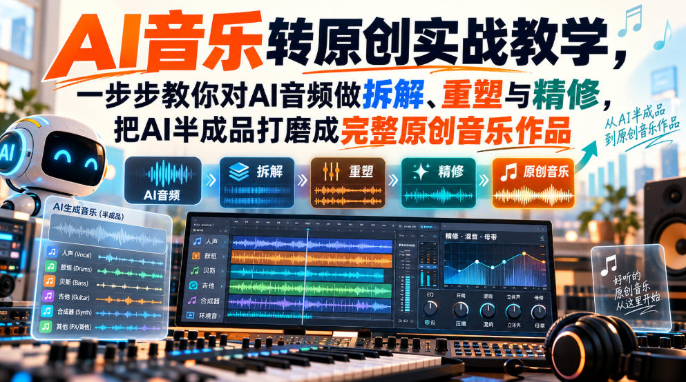 AI音乐转原创实战教学，一步步教你对AI音频做拆解、重塑与精修，把AI半成品打磨成完整原创音乐作品-极客网创