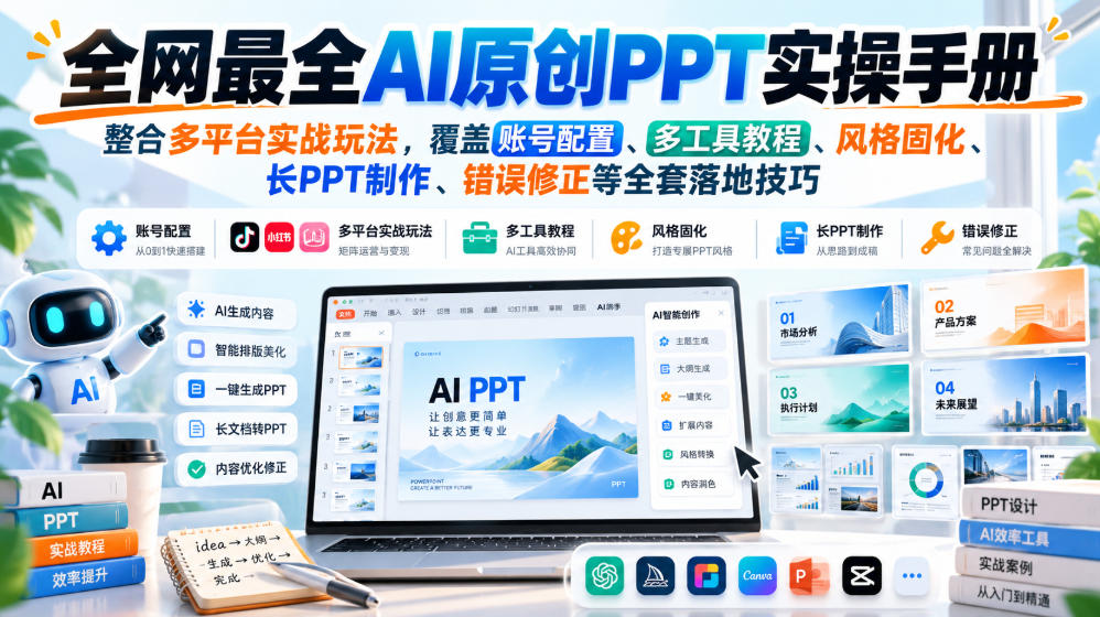 全网最全AI原创PPT实操手册，整合多平台实战玩法，覆盖账号配置、多工具教程、风格固化、长PPT制作、错误修正等全套落地技巧-极客网创