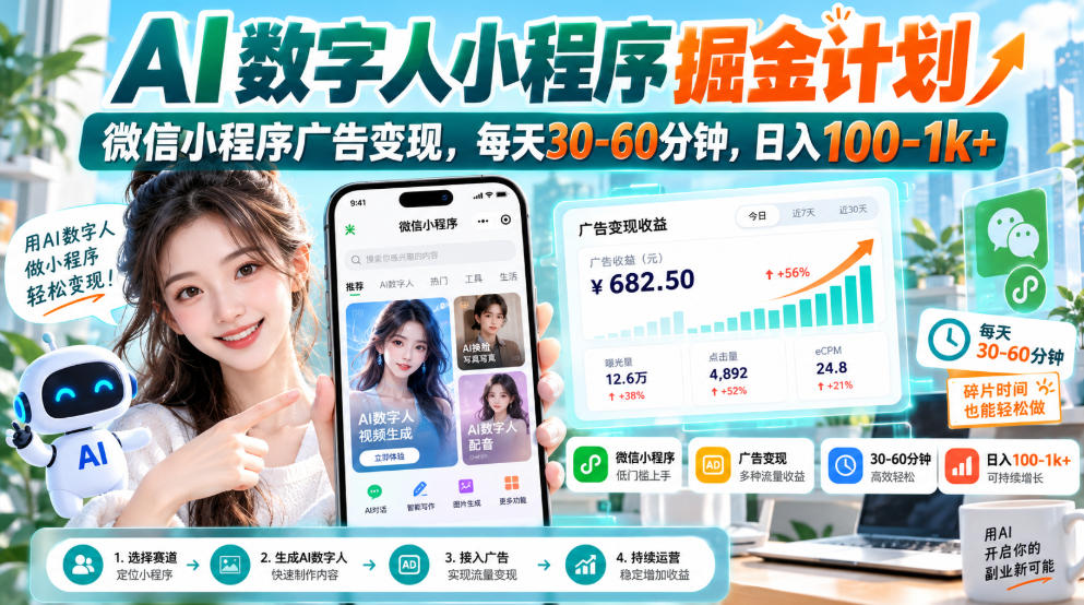 【无水印】AI数字人小程序掘金计划，微信小程序广告变现，每天30‑60分钟，日入100‑1k+-极客网创