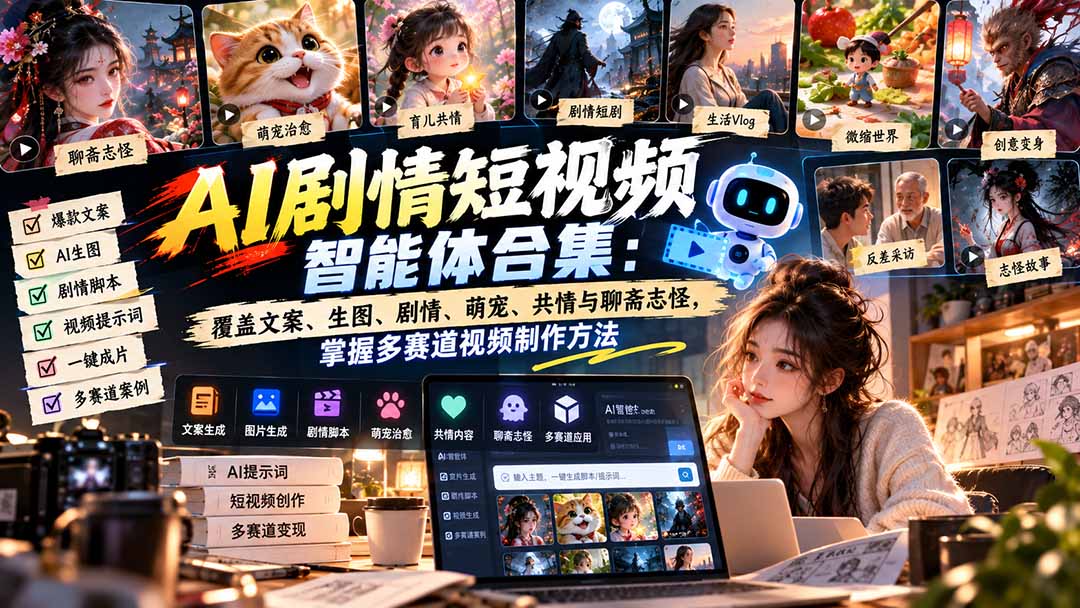 【无水印】AI剧情短视频智能体合集：覆盖文案、生图、剧情、萌宠、共情与聊斋志怪，掌握多赛道视频制作方法-极客网创