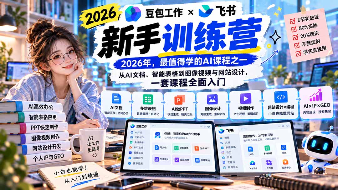 2026豆包工作+飞书新手训练营-9月新课：从AI文档、智能表格到图像视频与网站设计，一套课程全面入门-极客网创