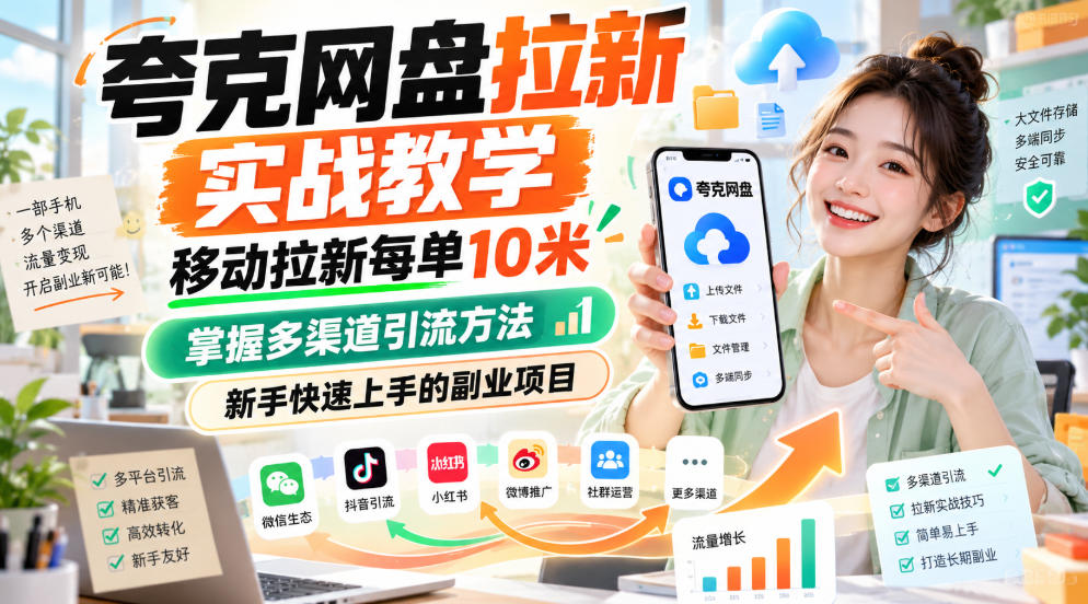 夸克网盘拉新实战教学，移动拉新每单10米，掌握多渠道引流方法，新手快速上手的副业项目-极客网创