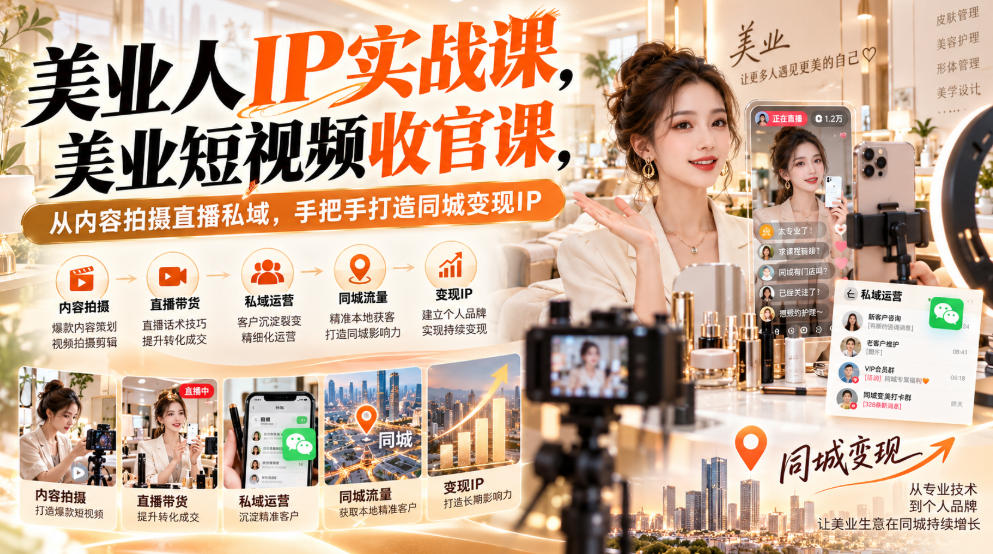 【无水印】美业人IP实战课,美业短视频收官课,从内容拍摄直播私域,手把手打造同城变现IP-极客网创