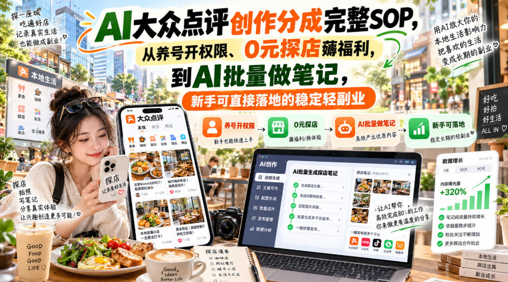 【无水印】AI大众点评创作分成完整SOP，从养号开权限、0元探店薅福利，到AI批量做笔记，新手可直接落地的稳定轻副业-极客网创