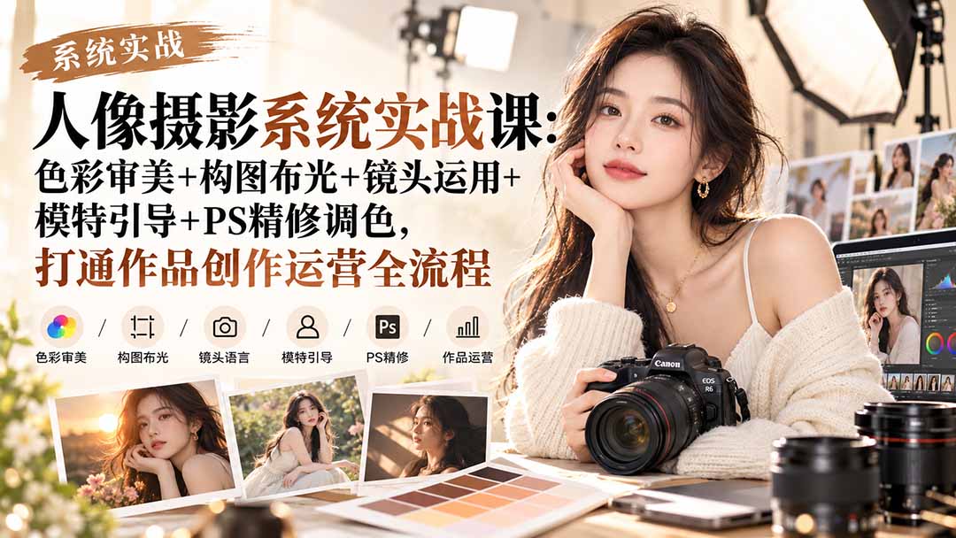 【无水印】人像摄影系统实战课：色彩审美+构图布光+镜头运用+模特引导+PS精修调色，打通作品创作运营全流程-极客网创