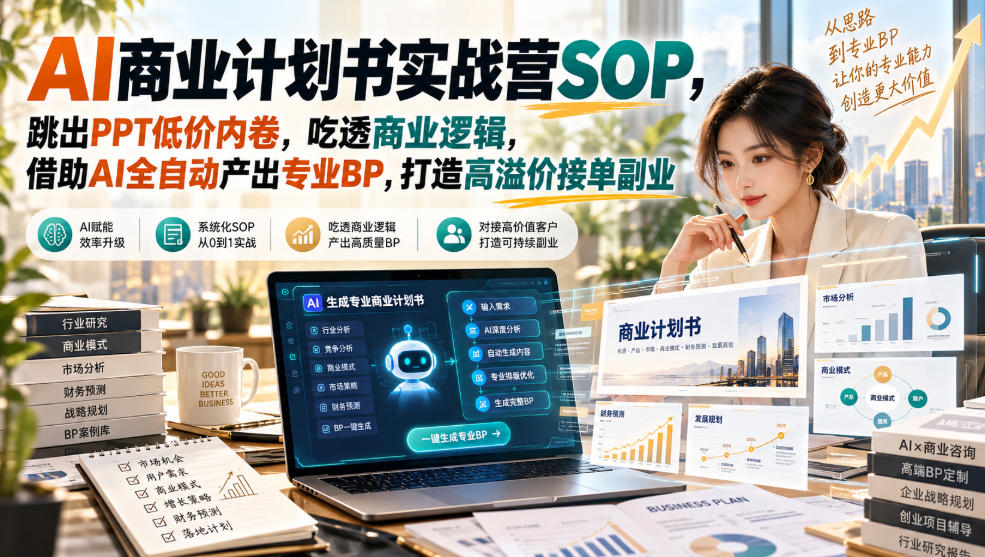 AI商业计划书实战营SOP，跳出PPT低价内卷，吃透商业逻辑，借助AI全自动产出专业BP，打造高溢价接单副业-极客网创