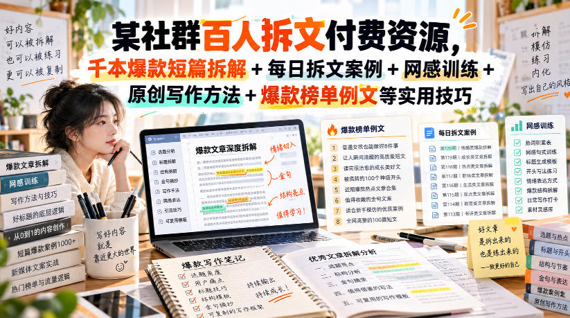 某社群百人拆文付费资源，千本爆款短篇拆解+每日拆文案例+网感训练+原创写作方法+爆款榜单例文等实用技巧(持续更新)-极客网创