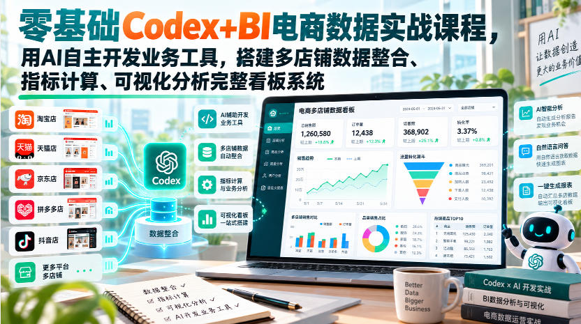 零基础Codex+BI电商数据实战课程,用AI自主开发业务工具,搭建多店铺数据整合、指标计算、可视化分析完整看板系统-极客网创