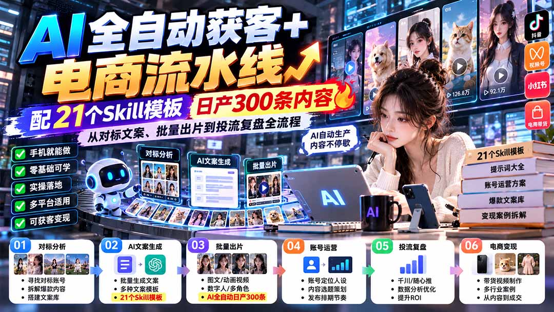 【无水印】AI全自动获客+电商流水线：配21个Skill模板，日产300条内容，从对标文案、批量出片到投流复盘全流程-极客网创